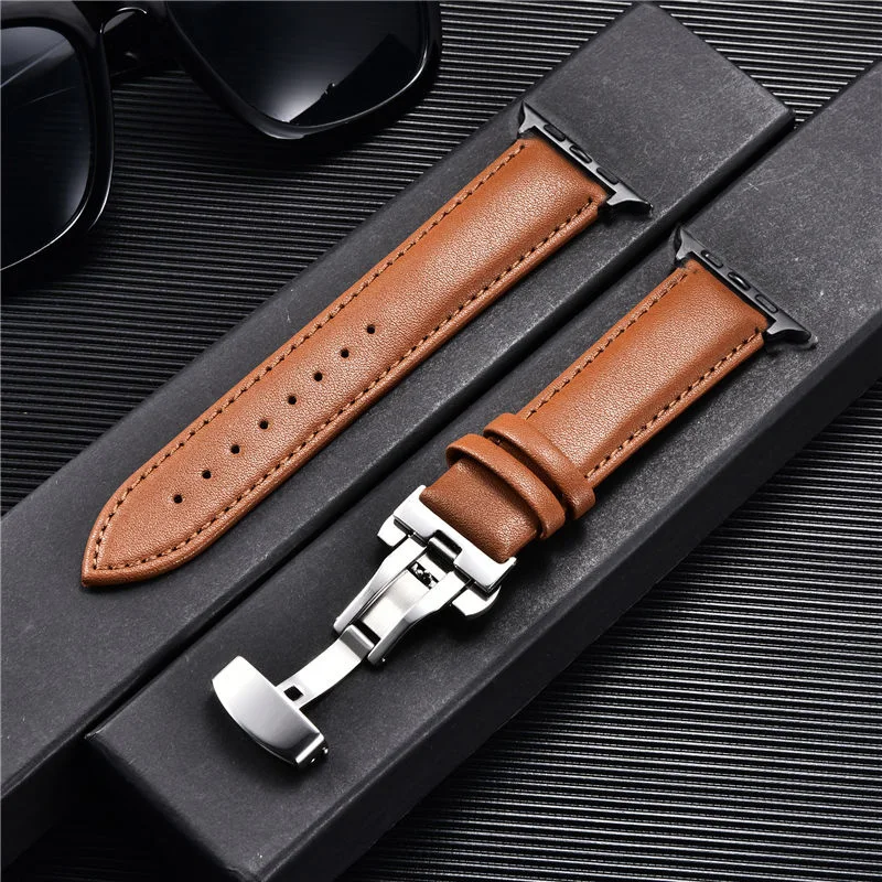 Leder-Uhrenarmbänder für Apple Watch 8, 7, 6, 5, 4, 3, SE, Schmetterlingsverschluss, Ersatz-Armband, 38/40/41 mm, 42/44/45 mm, Band für iwatch – Detail 12