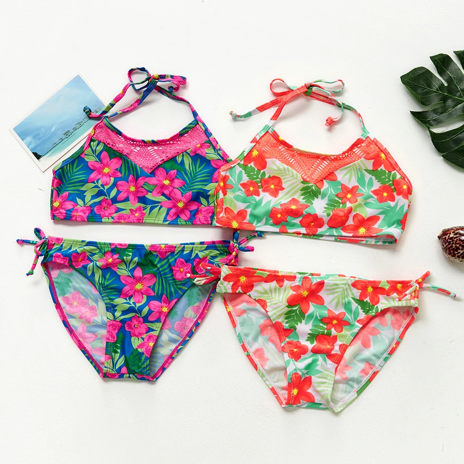 FINAL SALE!!! Tropical floral Girls Swimwear 7~15Year Girls Swimsuit Kids swimming suit Biquini Infantil Bikini Set