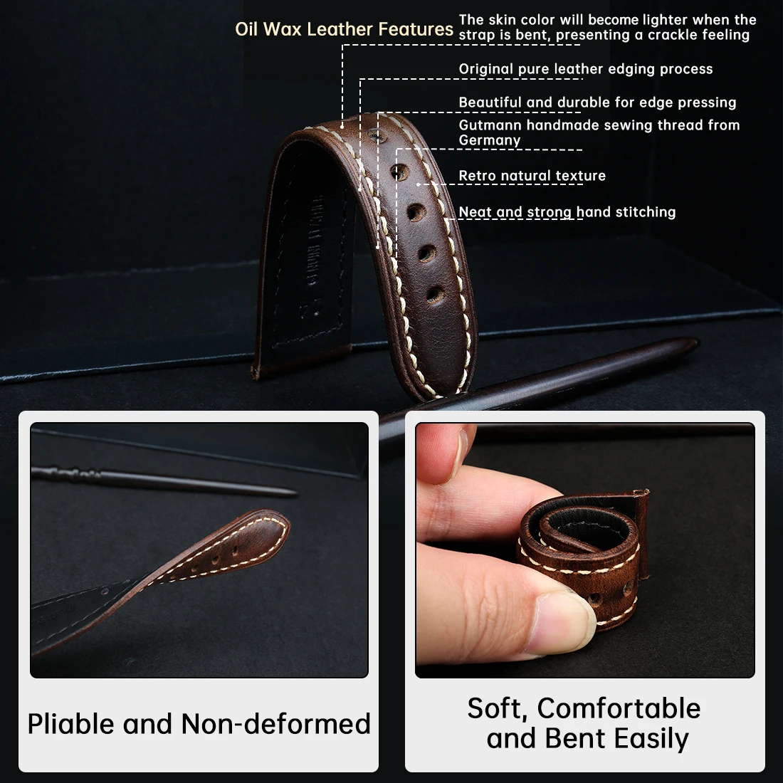 MAIKES Genuine Leather Watch Band Butterfly Buckle Band Steel Buckle Deployant Buckle Strap Brown Leather Watchbands 18-26mm