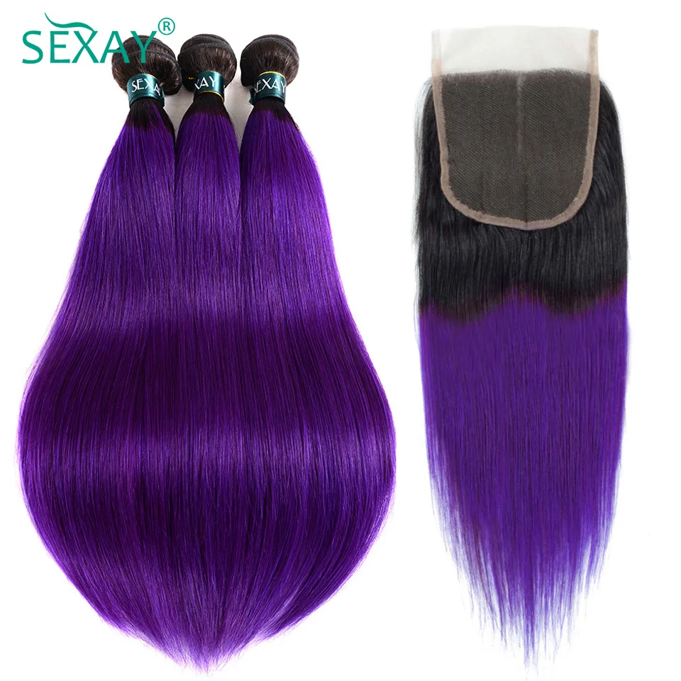 Sexay Ombre Bundles With Closure 2 톤 1B/다크 퍼플 페루 스트레이트 인간 헤어 위브 28 인치 롱 헤어 번들