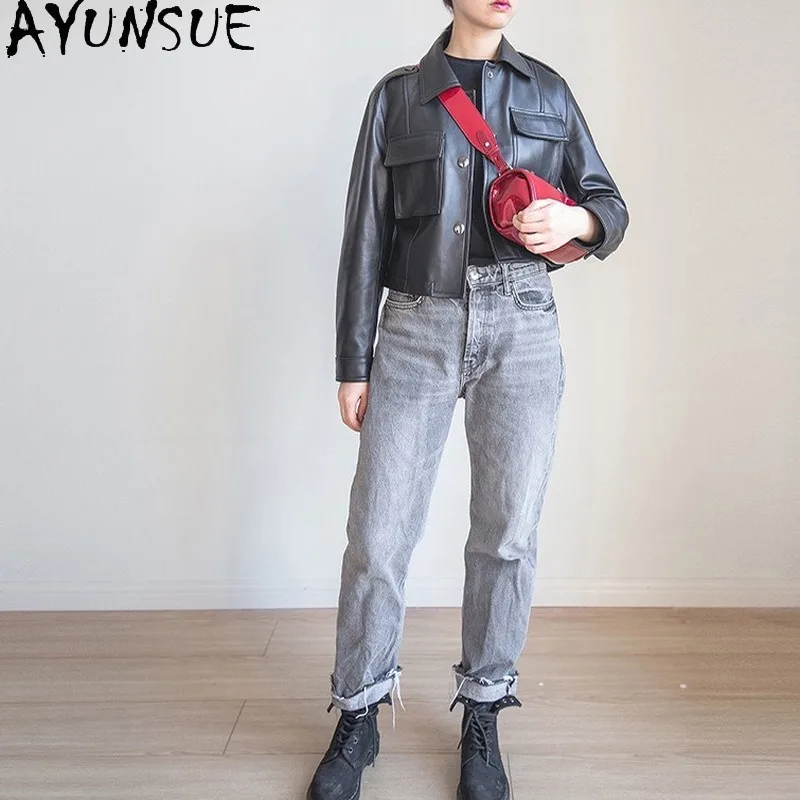 AYUNSUE – veste courte en cuir véritable pour femme, manteau en peau De mouton naturelle, décontracté, printemps-automne, 100%, 2021