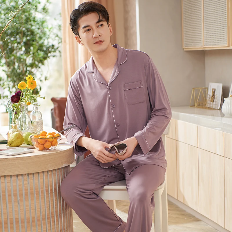 

Fashion Pajamas Sets Men Long Sleeve Turn-down Collar Pijamas Hombre Spring Autumn Solid Color Modal Male Casual Tracksuit M-3XL