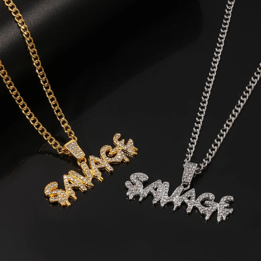 Hip Hop Savage Letter Necklace Gold Color Micro Pave Cubic Zircon Bling Bling SAVAGE Pendant Necklace Charm For Men Gifts