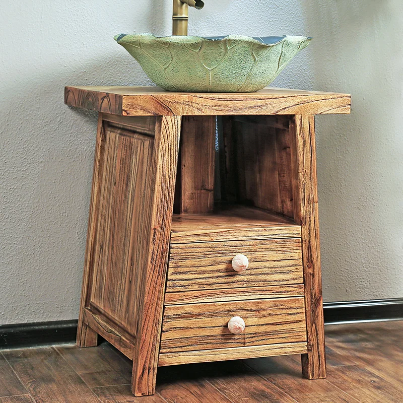 Modern Chinese Retro Bathroom Cabinet Bathroom Overall Solid Wood Floor Washbasin Cabinet Combined Decoration Washstand