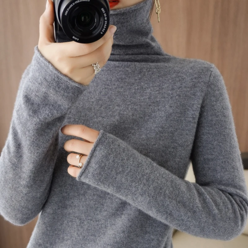 Autumn and Winter Sweater Women 100%Wool  Pullover  Slim Long-Sleeved Short Turtleneck high-Necked Cashmere Knitted Bottoming