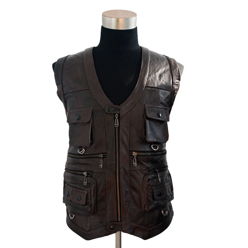 Arrival New Autumn Men's Waistcoat Genuine Leather Vests Reporters Suit Multi Pocket Men Cow Leather Vests Outwear Tops Size