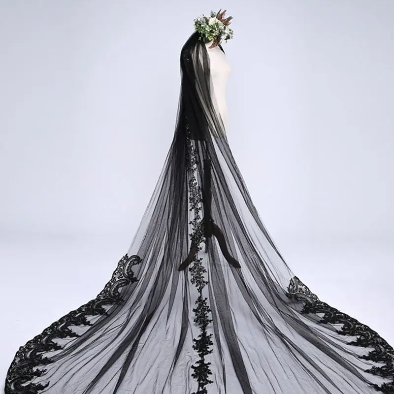 New Arrival 3 Meter Cathedral Wedding Veils Long Lace Edge Black Bridal Veil Wedding Accessories Bride Veu Wedding Veil bruiloft