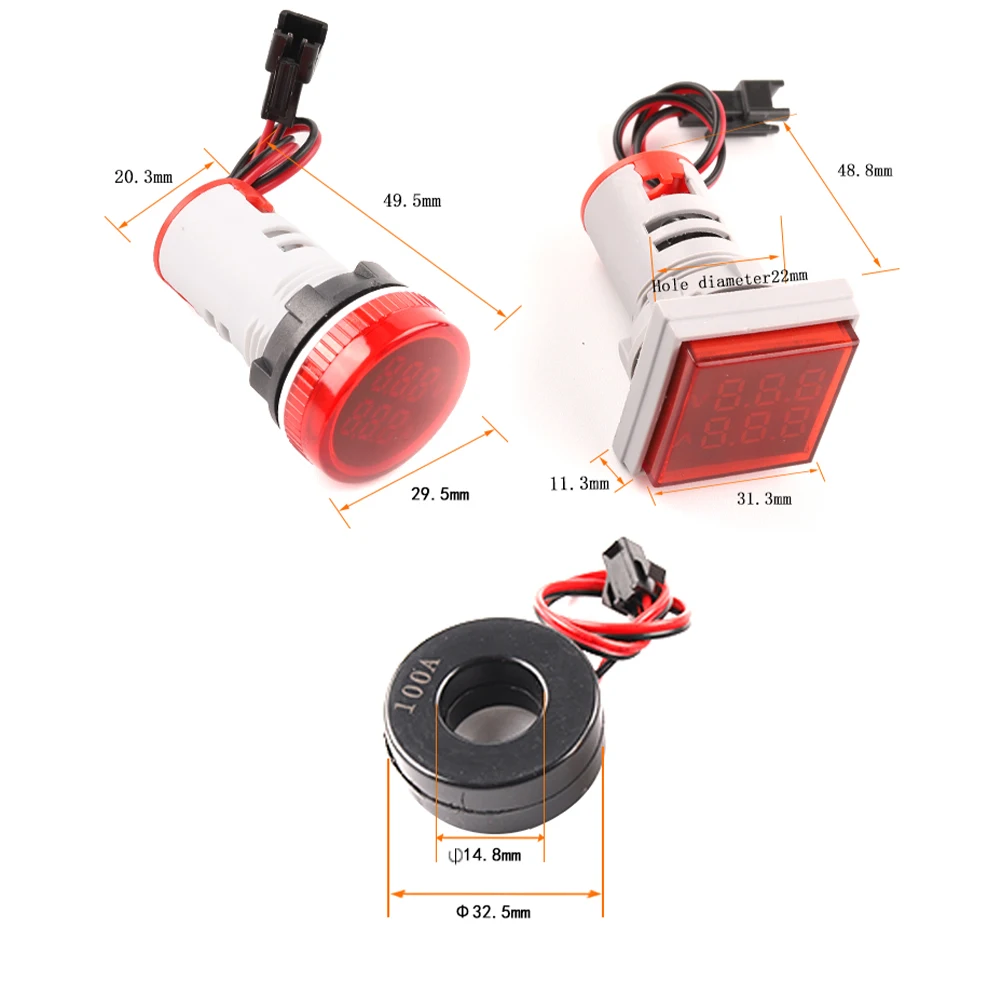 Voltmetro digitale rotondo Amperometro 22mm AC 50-500V 0-100A Amp Volt Tester di tensione Misuratore Doppio indicatore LED Lampada pilota
