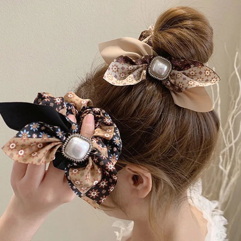 Diamond-Studded Pearl Floral Bow Bow Large Intestine Hair Ring 2021 Super Fairy Headdress Girl Sweet Heart Hair Accessories