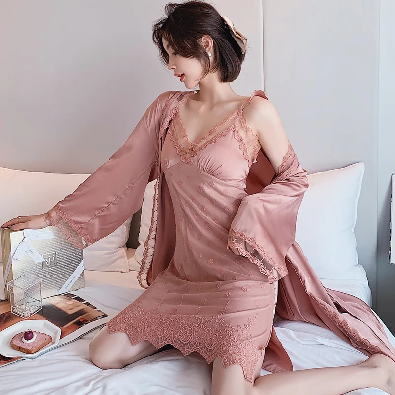 Silk Nightgown Set Women 2pcs Robe Suit Spring Sleepwear Pajamas Sexy Nightwear Sleep Kimono Gown Palace Lace Princess Bathrobe