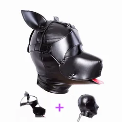 Black High Quality Adjustable Leather Erotic Dog Mask Bdsm Bondage Hood for Fetish Pup Cosplay Role Play Costumes Sex Products