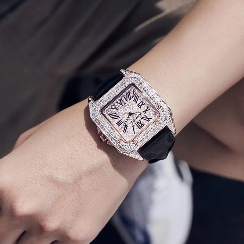 Rose Gold Top Brand Luxury Watch Women Quartz Waterproof Fully Diamond Ladies Watch Square Couple Watches With Rhinestone Men