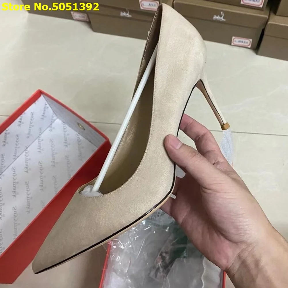 

Suede Off White Thin High Heels Sexy Pointed Toe Shallow Slip On Dress Women Pumps Solid Real Picture Manufacturer Classic Shoes