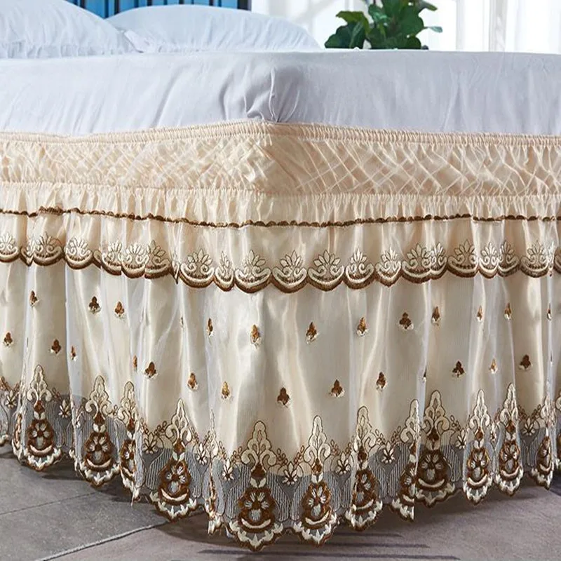 

Top Selling Delicate Double Layers Luxury Stereoscopic Embroidered Flowers Lace Ruffle Bed Skirts with Strong Elastic Belt