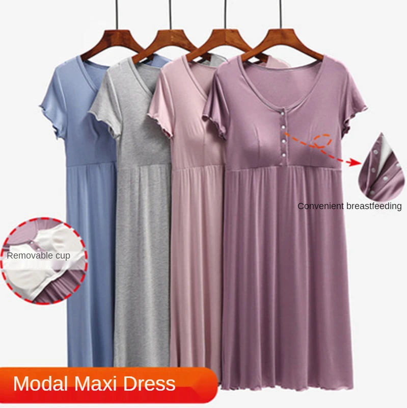 Maternity Breastfeeding Nightdress Summer Short-Sleeve Confinement Dress Plus Size Clothes for Nursing Mothers Pregnant Pajamas