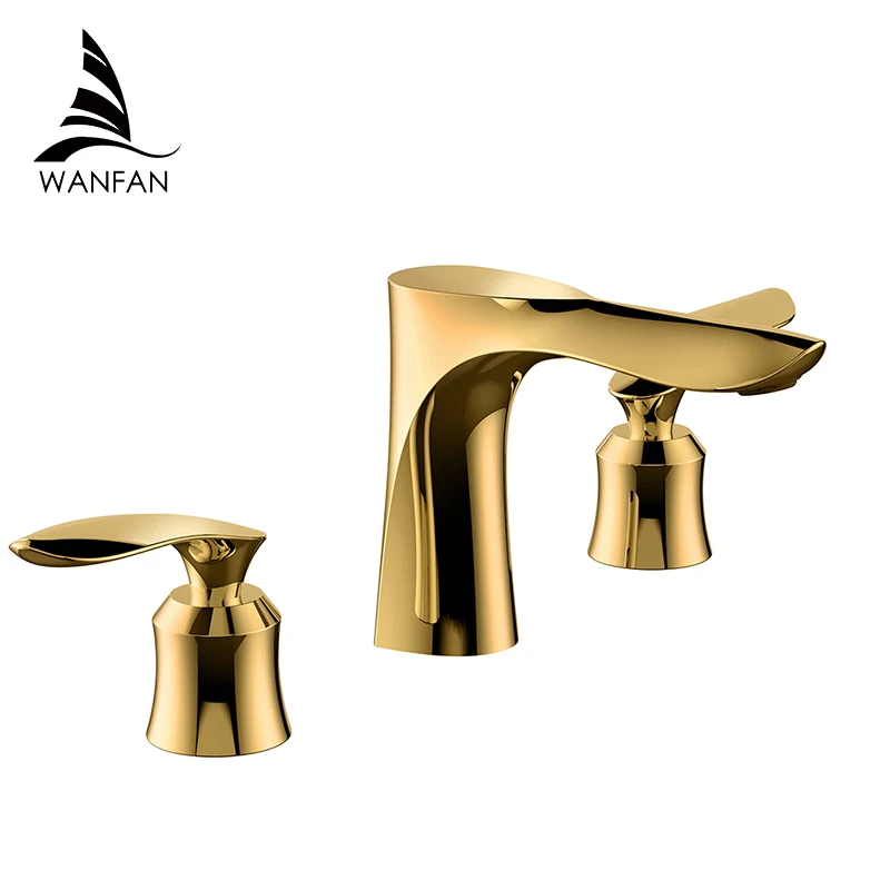 

Gold Deck Mounted Bathtub Faucet Set 3 Holes Widespread Tub Mixer Bathroom Goose Neck Bath Shower Set with Hand shower 0152