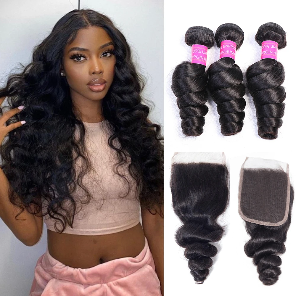 Brazilian Loose Wave Bundles with Closure Human Hair 3/4 Bundles Hair Extension 4x4 10 -22 inches Lace Closure with Bundles