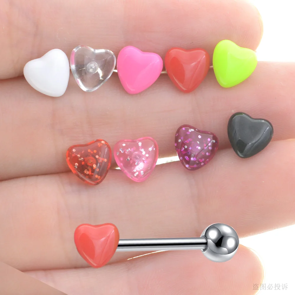 Starbeauty 2Pcs New Sequins Acrylic Heart Tongue Piercing Barbell Tongue Rings Surgical Steel Bars Tounge Ring Women Men Jewelry