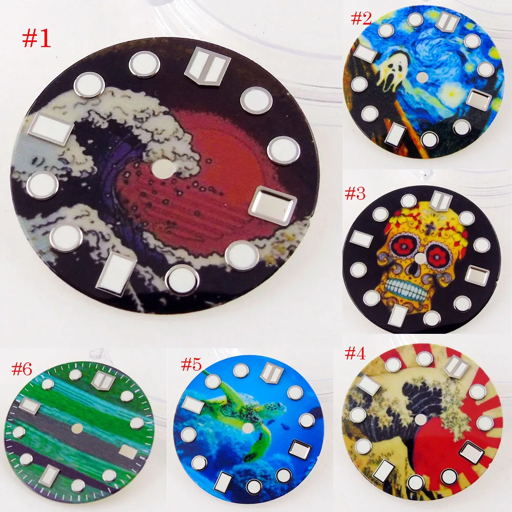 

Multicolor Watch Dial 28.5mm Sterile For NH35A NH36A Luminous Marks Repair Part Accessories Surfing Skeleton Pattern