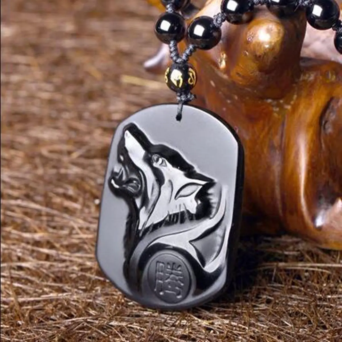 Natural Black Obsidian Carving Wolf Head Amulet Pendant Free Necklace Obsidian Blessing Lucky Pendants Fashion Jewelry