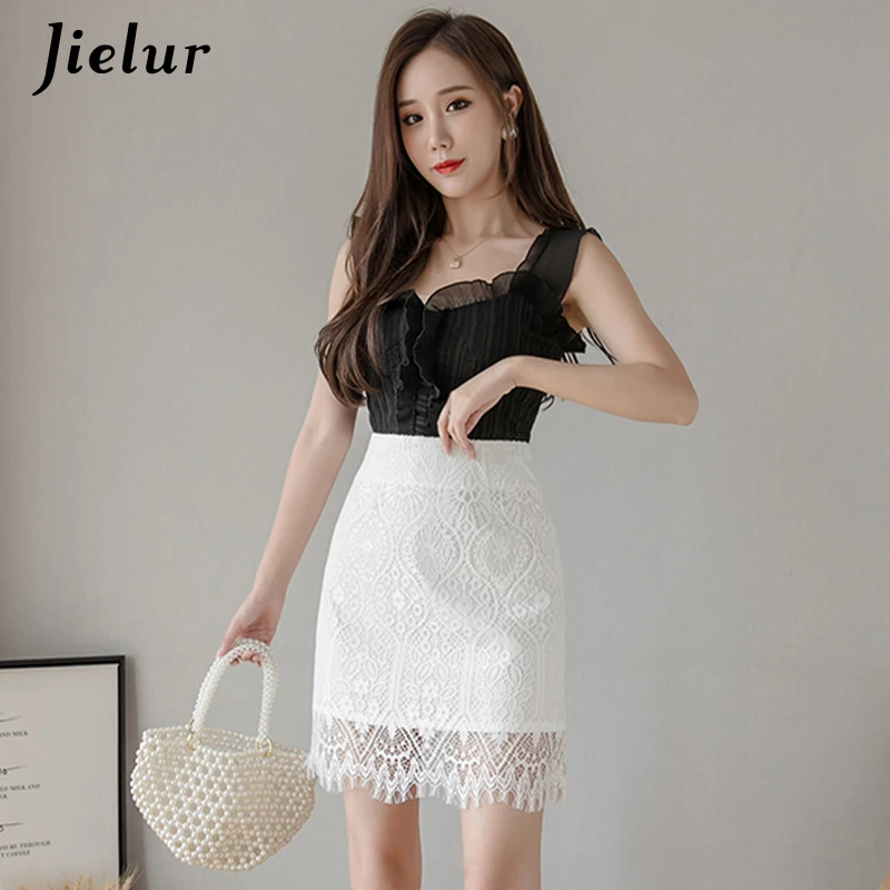 Jielur Lace Women Skirt Solid Color Slim High Waist Saia Faldas New Korean Chic Zipper Mini Skirt Summer Skirts Womens Autumn