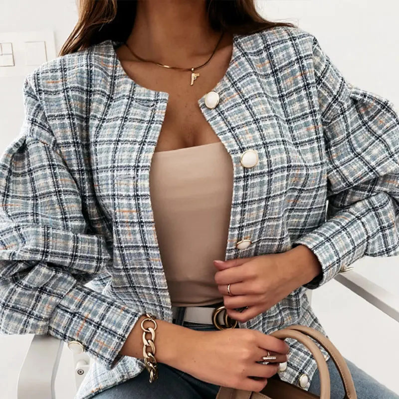 Women's Jackets Coat Plaid Print Elegant O-neck Buttons Short Jackets Female Autumn Nice Vintage Korean Little Fragrant Coats