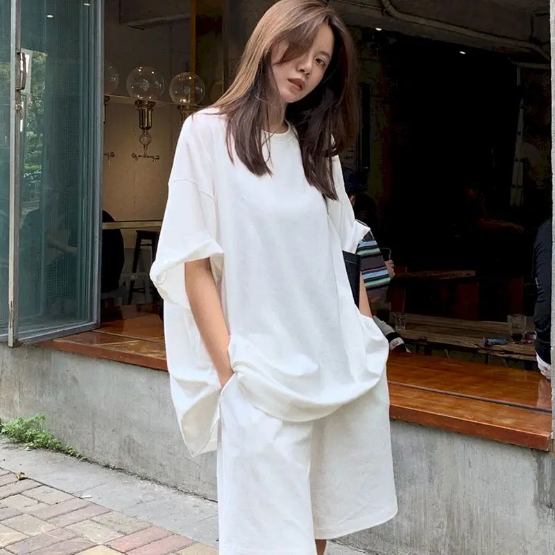 Women's Sets Summer Korean White Short Sleeve T-shirt and Shorts Two Piece Suits Women Loose High Waist Casual Sports Top Pants