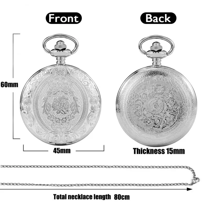 Men's Silver Quartz Engraved Floral Rattan Flowers Pocket Watch Vintage Arabic Numbers Chain Women's Pendant Thin Chain Gifts