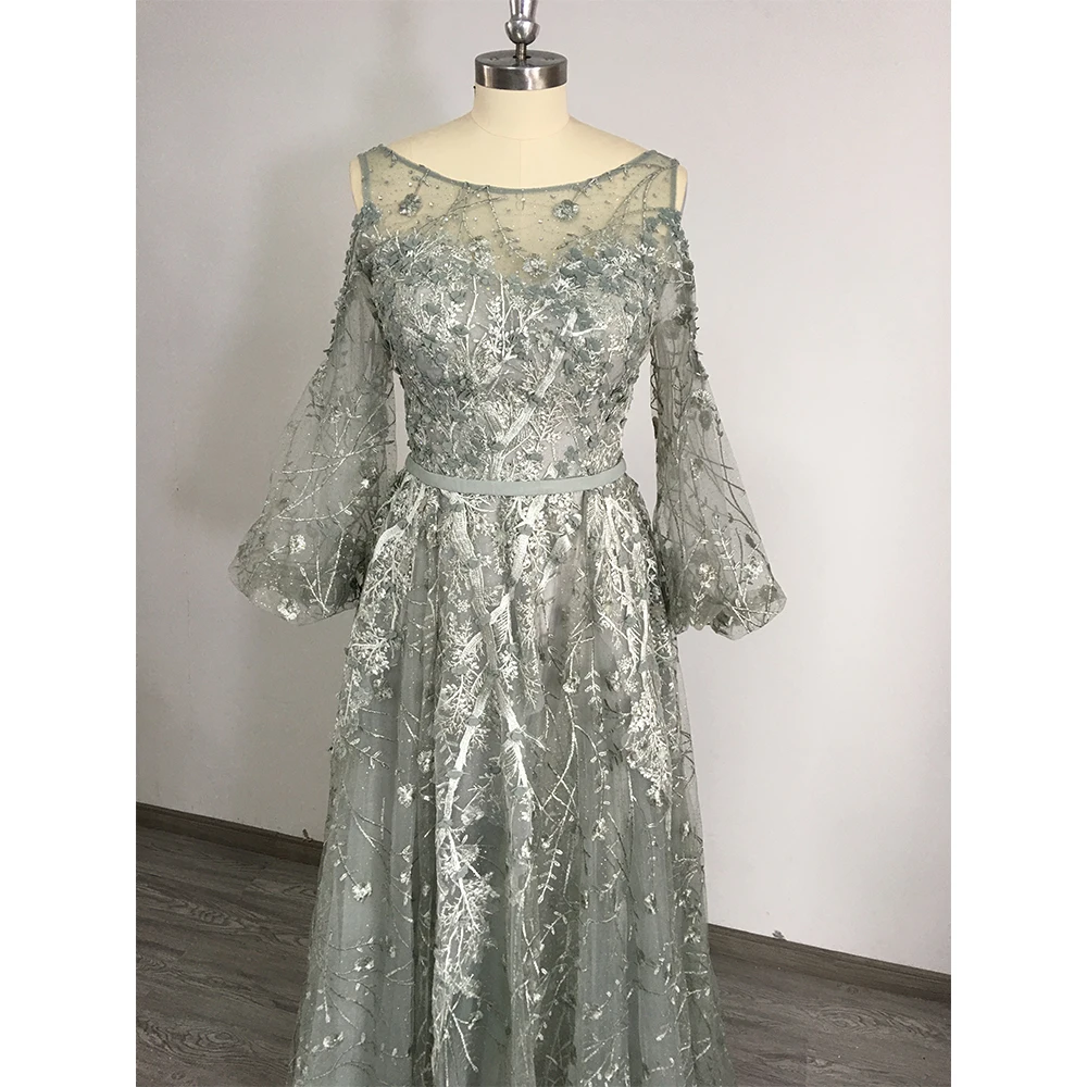 Luxury Dubai Arabic Evening Dresses 2020 Full Lace Long Flare Sleeves Aline O-Neck 3D Flower Formal Party Gowns