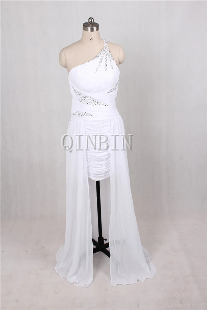 White sleeveless evening dress factory direct sale chiffon one-shoulder front short long back evening dress prom ball formal