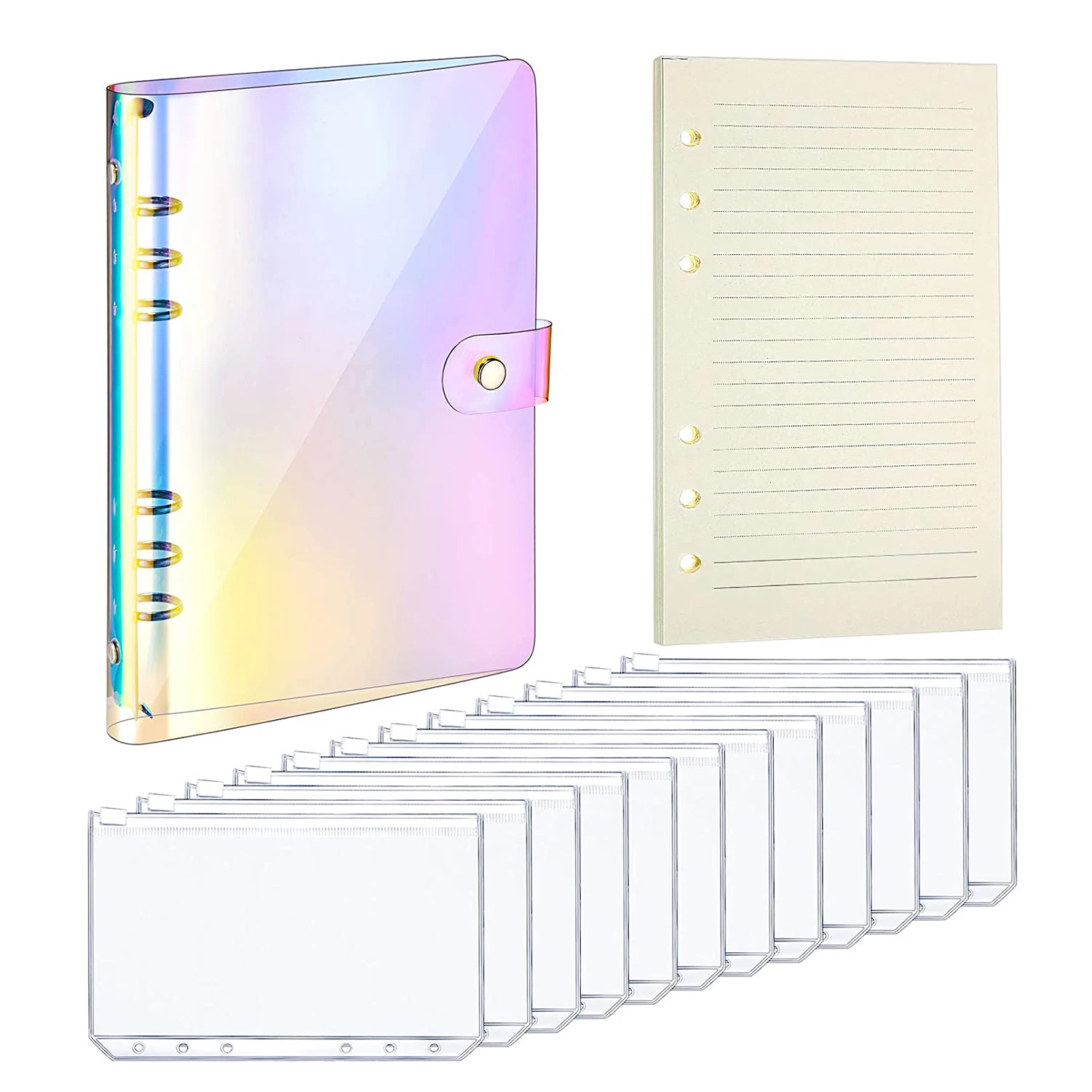 58Pcs A6 Soft 6-Ring  PVC Binder Notebook Cover with Snap Button 12 Binder Zipper Pockets Folders and 1 Pack 45 Loose Leaf Paper