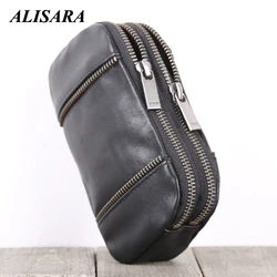 Alisara Clutch Bag Men First Layer Cow Leather Top End Women Casual Double Zipper Cell Phone Wallet Simple Long Organizer Purses