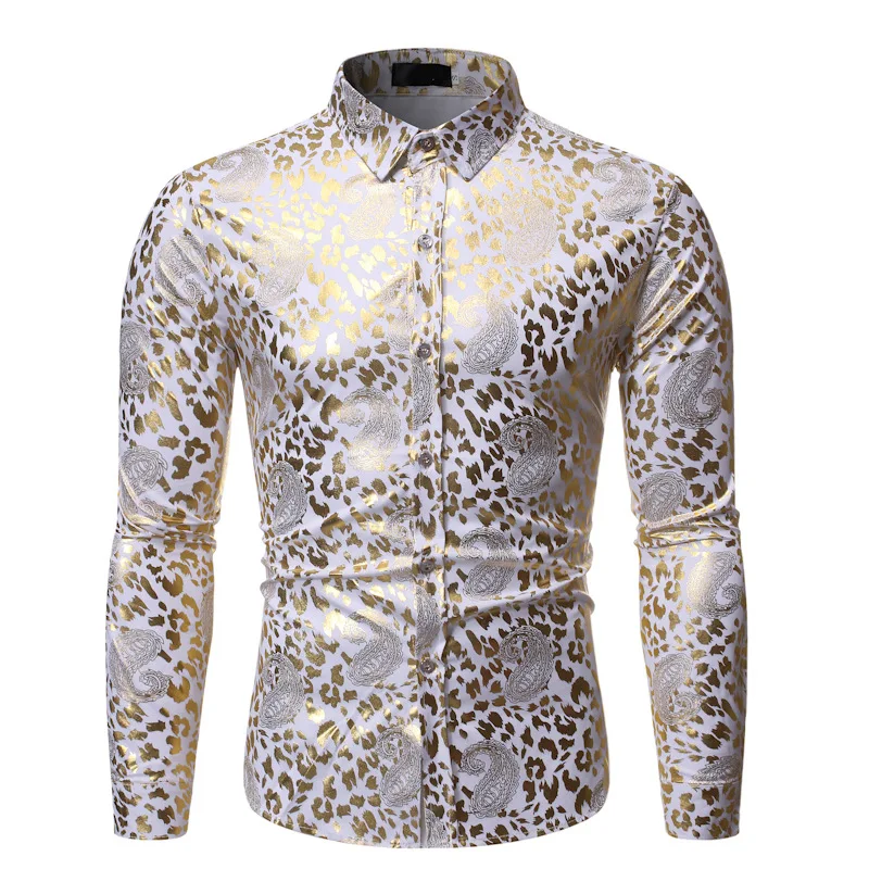 Mens Bronzing Leopard Print Dress Shirts Hipster Paisley Long Sleeve Button Down Casual Shirt Men Nightclub Rock Party Shirt Man