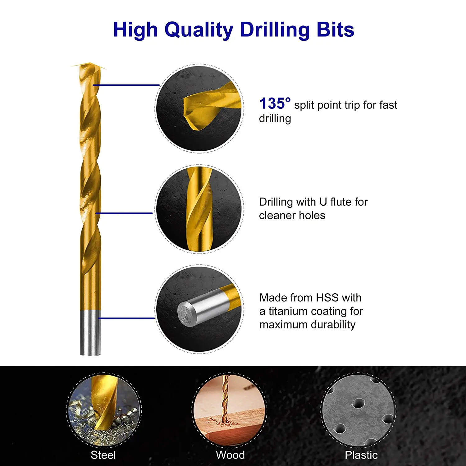 Titanium Twist Drill Bit Set,Anti-Walking 135° Tip High Speed Steel,from 1-13mm for Wood/Steel/Aluminum/Zinc Alloy,With Gift Box