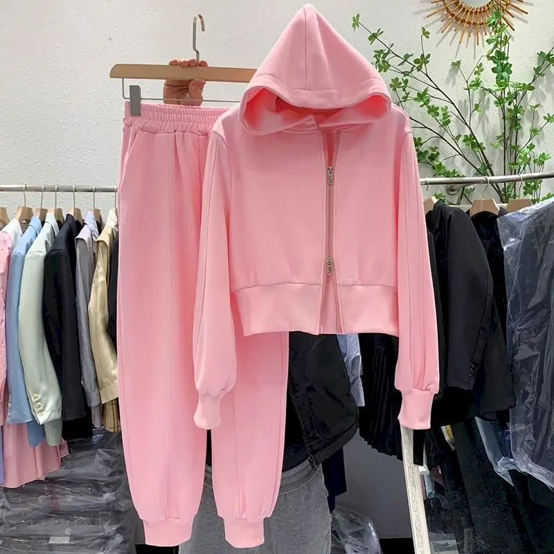 Hooded Sportswear Sets Cardigan Hoodies Sweatpants Two Piece Sets Women Fall Winter Loose Zipper Sweatshirt Trousers Casual Suit