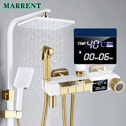 Press Handle Digital Shower System Quality Brass Bathroom Mixer Faucet Rain Shower Head White Gold Piano Thermostatic Shower Set