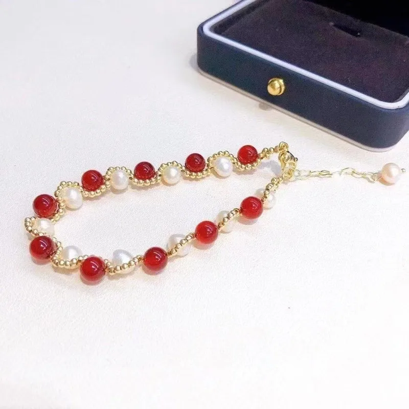 New design red agate gold beads natural white real pearls handmade high quality jewelry women bracelet adjustable length