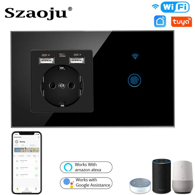 Szaoju EU Wifi Touch Switch Power Socket With USB Tuya Smart Life Home Control LED Crystal Glass Panel Alexa Home Assistant