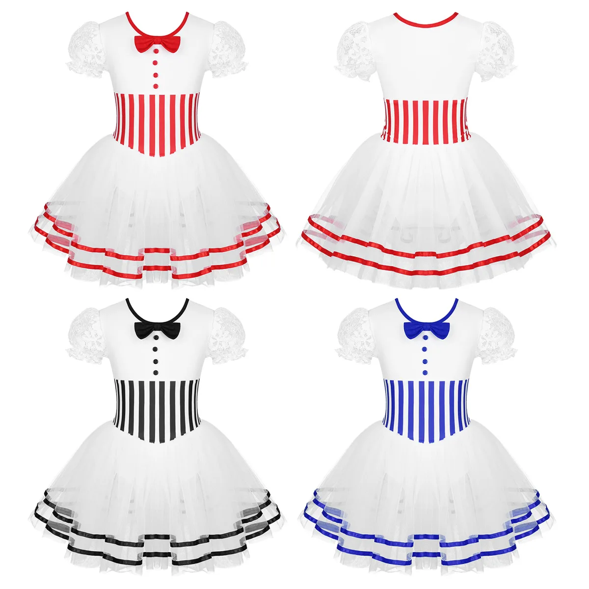 Kids Girls Puff Sleeve Candy Striped Ballet Dance Dress Tank Leotard Tulle Skirts Christmas Holiday Stage Performance Costume