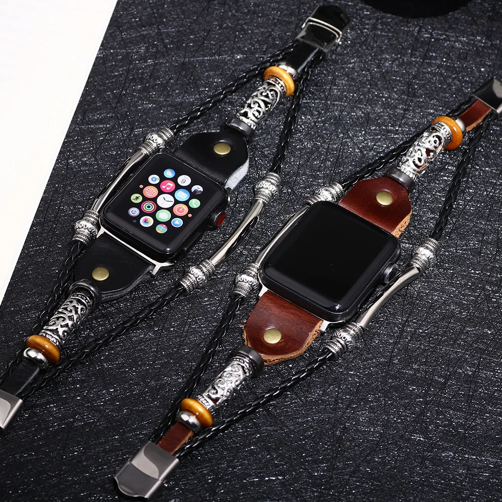 Unusual Trendy Vintage Style Leather Band Bracelet Strap For Apple Watch 7 Band 38mm 40mm 42mm 44mm 45mm iWatch 5 6 7 SE Series