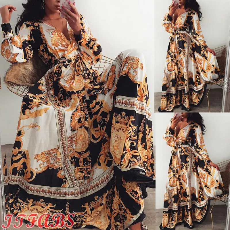 Vestido largo bohemio con estampado Floral para mujer, prenda informal de manga larga con cuello de pico, Estilo Vintage, ideal para fiesta de graduación y noche, S-XL de verano, 2019