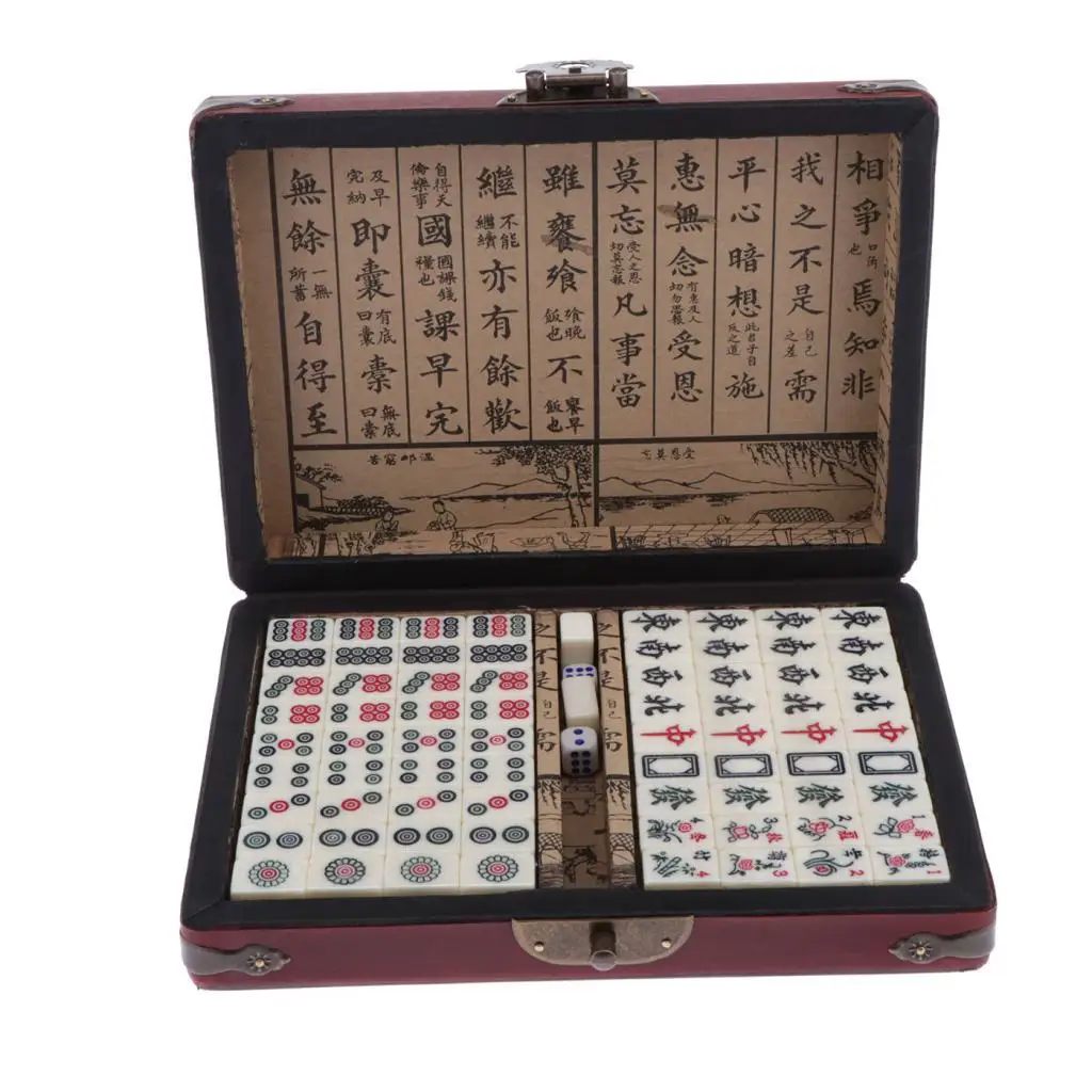 Mini Mahjong Traditional Chinese Version Game Set with Portable Wodoen Box Mah-Jongg Travel Family Leisure Time