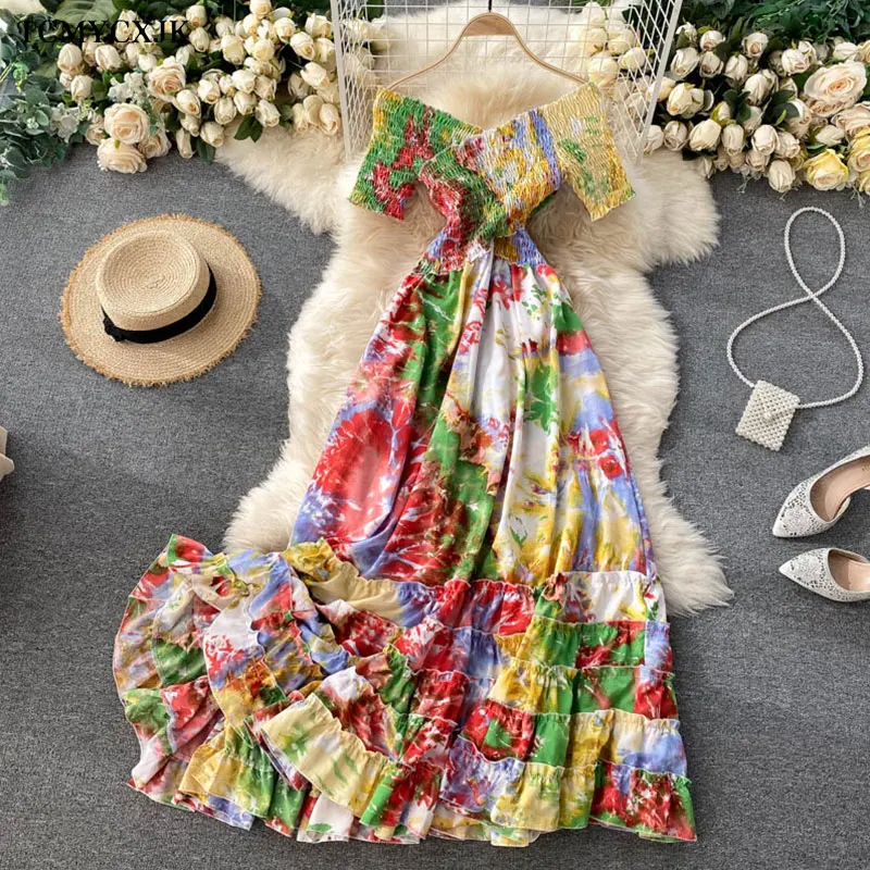 Bohemian Women Tie Dye Printed Short Sleeve Dress Women Summer Long Dress V-Neck High Waist Vacation Beach Ruffle Vestidos