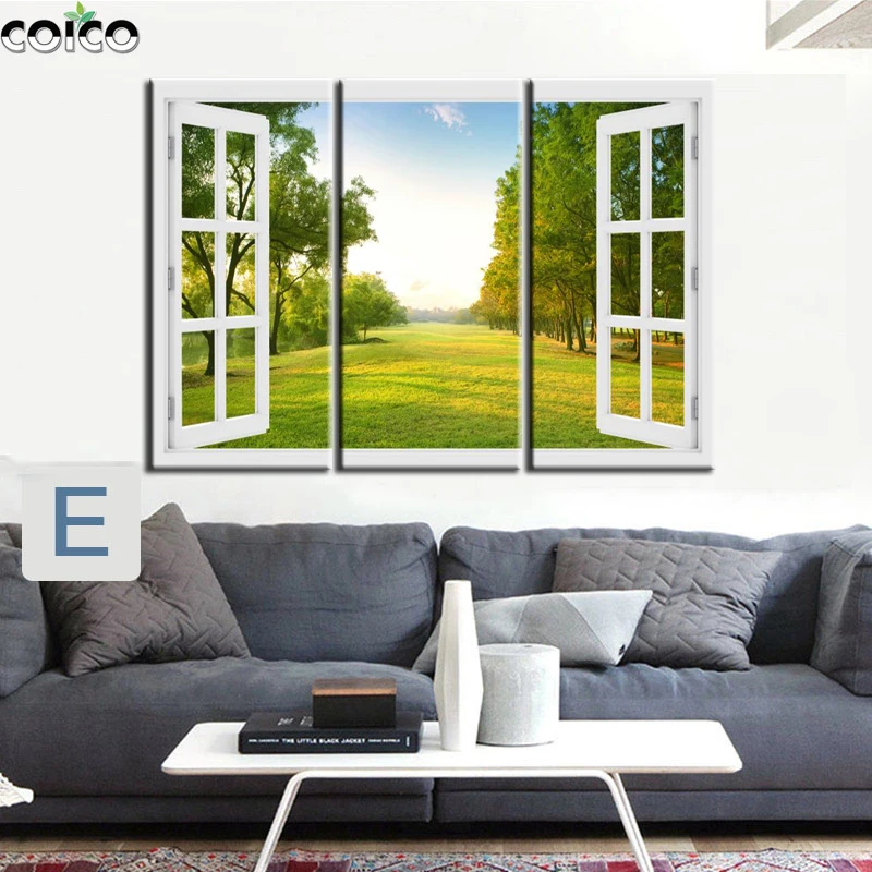 

3 Pcs Window Outside Scenery Canvas Painting Poster with Frame See View Idyllic Mountain Bohemian Lavender Wall Art Picture