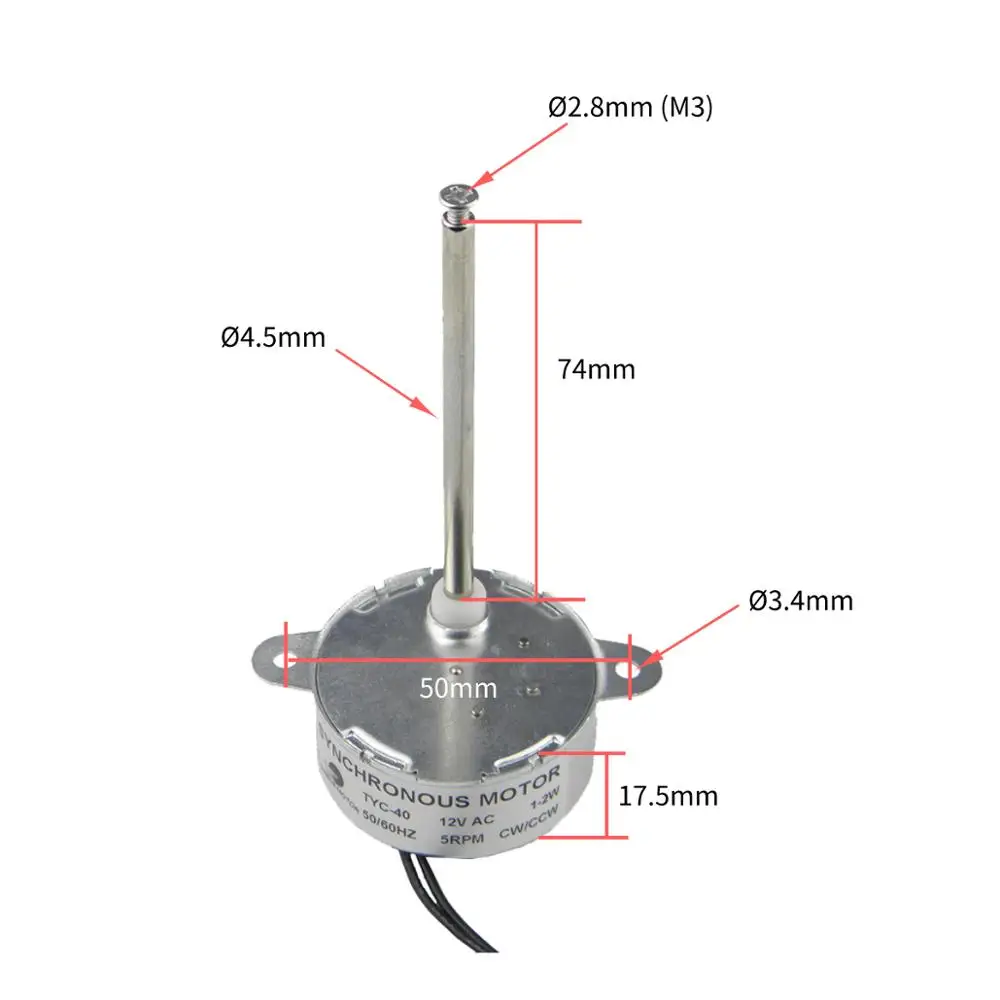 CHANCS TYC40 Motor de engranaje síncrono, eje de tornillo interno, longitud de 7,4 cm, cc 12V, 5RPM, CW/CCW