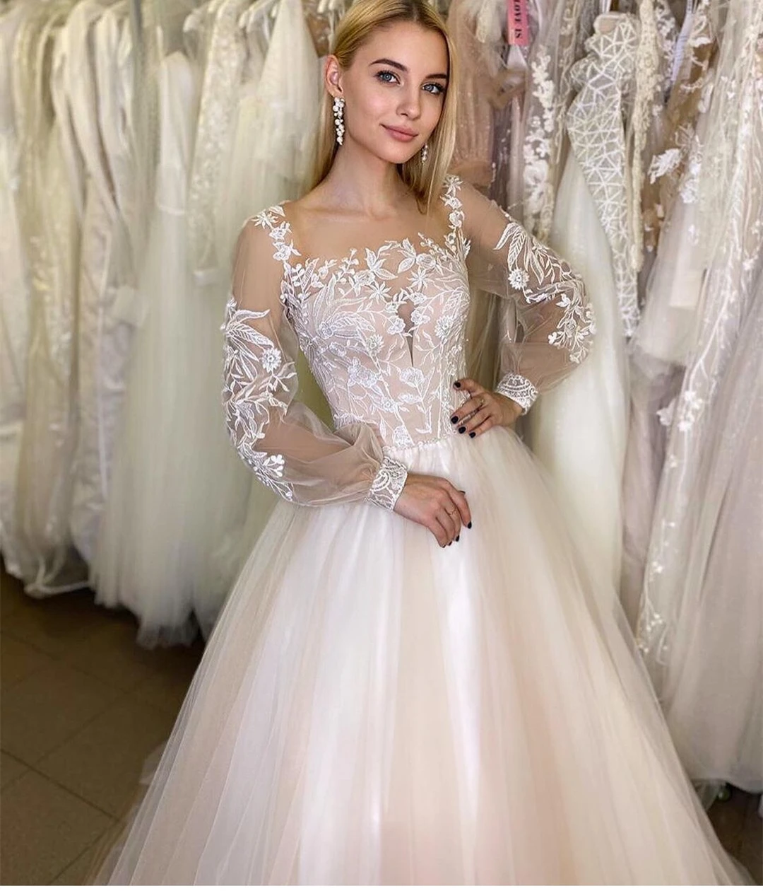 Renda apliques a linha organza tule vestido de casamento para as mulheres manga longa rendas até o chão comprimento elegante corset vestido de casamento