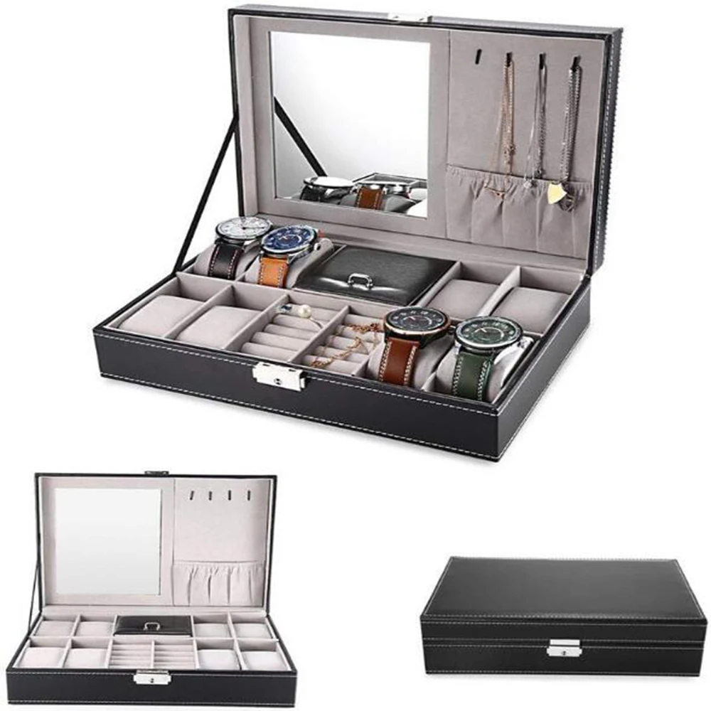 Leather Watch Box 8 Mens Watch Organizer Jewelry Display Drawer Lockable Watch Case Organizer & 8 Slots Rings Tray With Lock