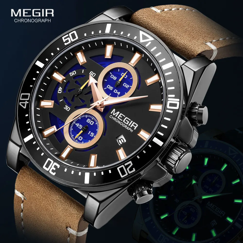 

MEGIR Men's Watches Quartz 2020 Luxury Casual Leather Strap Sport Watch for Man Fashion Waterproof Luminous Chronograph Watch