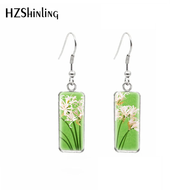 2021 Red Flower Life Destiny Higanbana Stainless Steel Rectangle Hook Dangle Drop Earrings Glass Cabochon Ear Jewelry