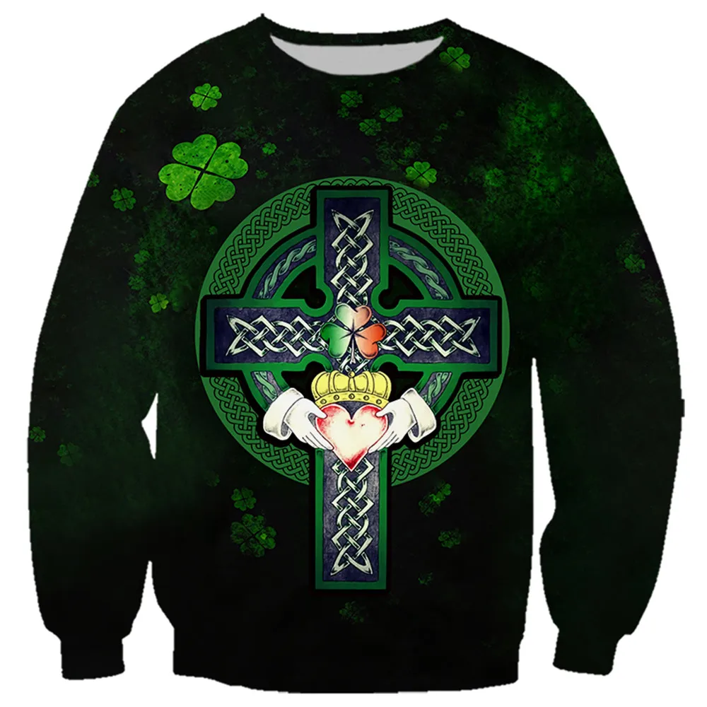 HX St. Patrick Sweatshirt 3D Graphic Four-leaf clover cross Splicing Sportswear Fashion Harajuku Streetwear Men Clothing